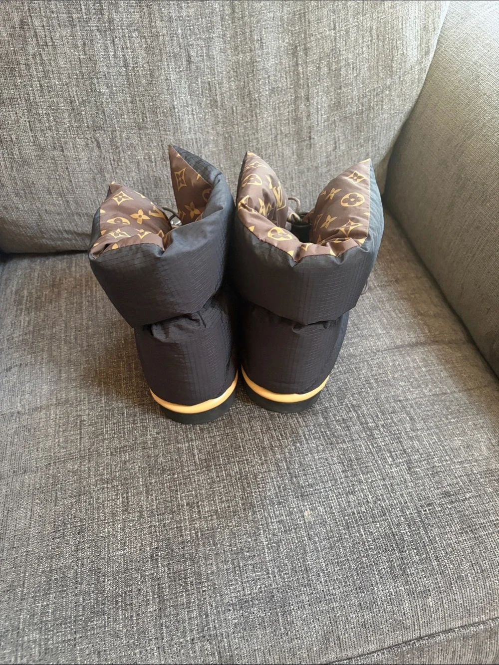 Louis Vuitton Black Quilted Winter Boots with Brown Monogram Cuff